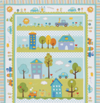 Happi Panel in Blue Shades, Cars Trains, Bright Sun, Houses - Click Image to Close